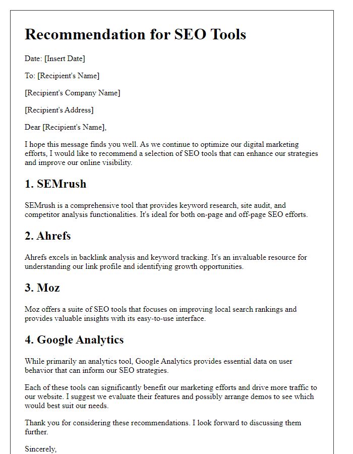 Letter template of SEO tools recommendation for marketers