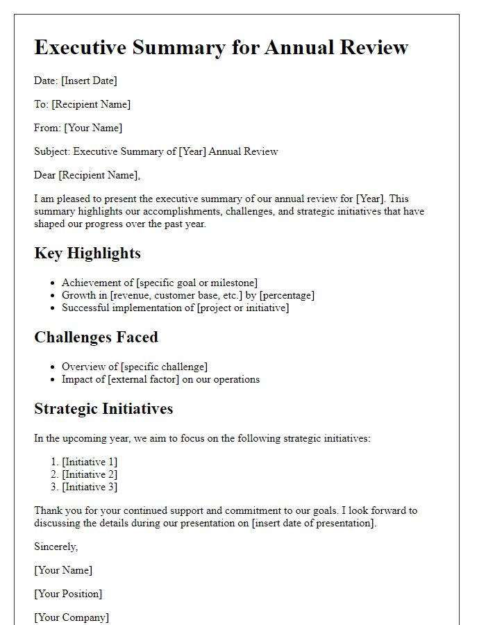 Letter template of executive summary for annual review presentation.