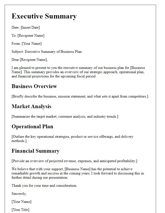 Letter template of executive summary for business plan presentation.