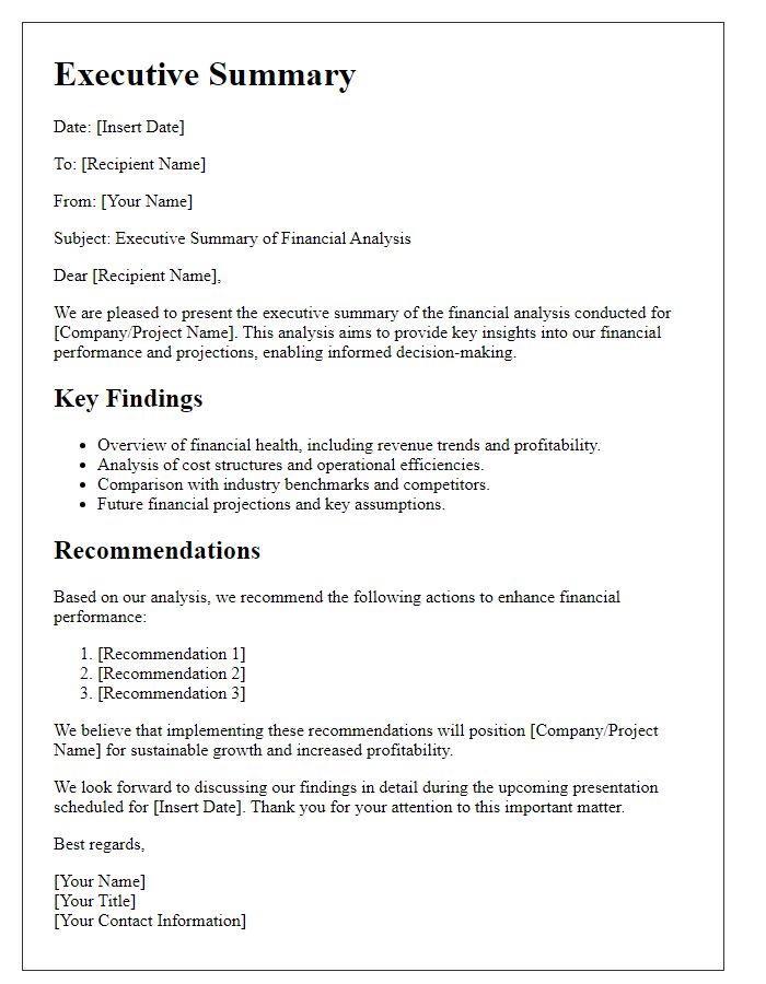 Letter template of executive summary for financial analysis presentation.