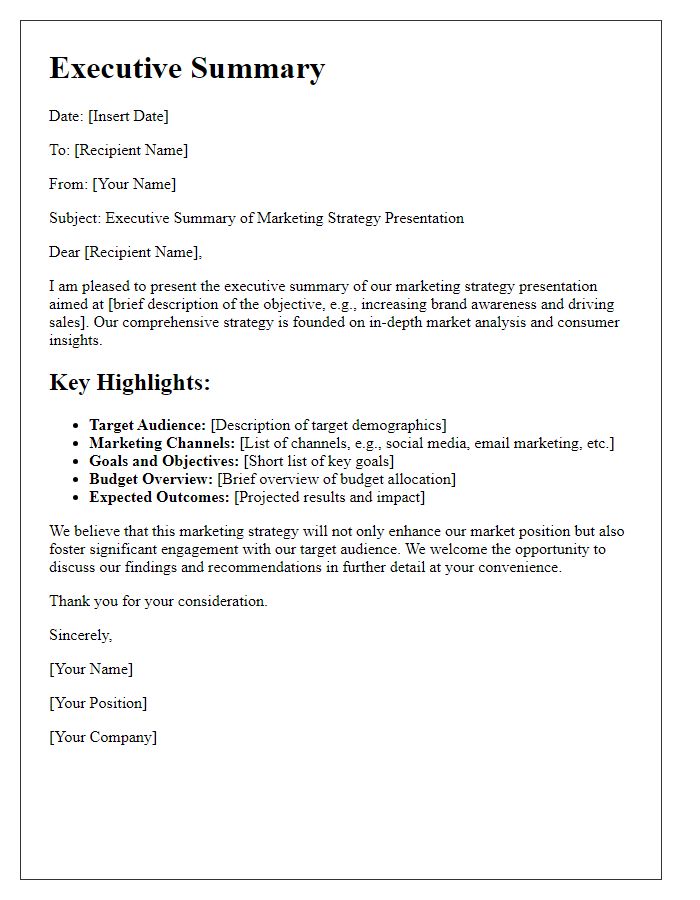 Letter template of executive summary for marketing strategy presentation.