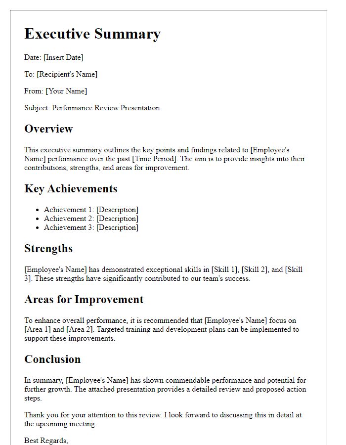 Letter template of executive summary for performance review presentation.