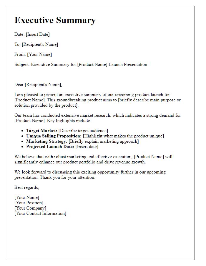 Letter template of executive summary for product launch presentation.