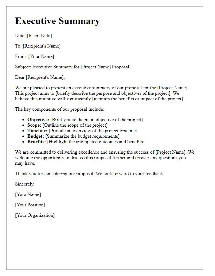 Letter template of executive summary for project proposal presentation.