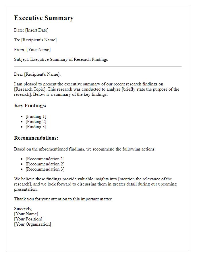 Letter template of executive summary for research findings presentation.