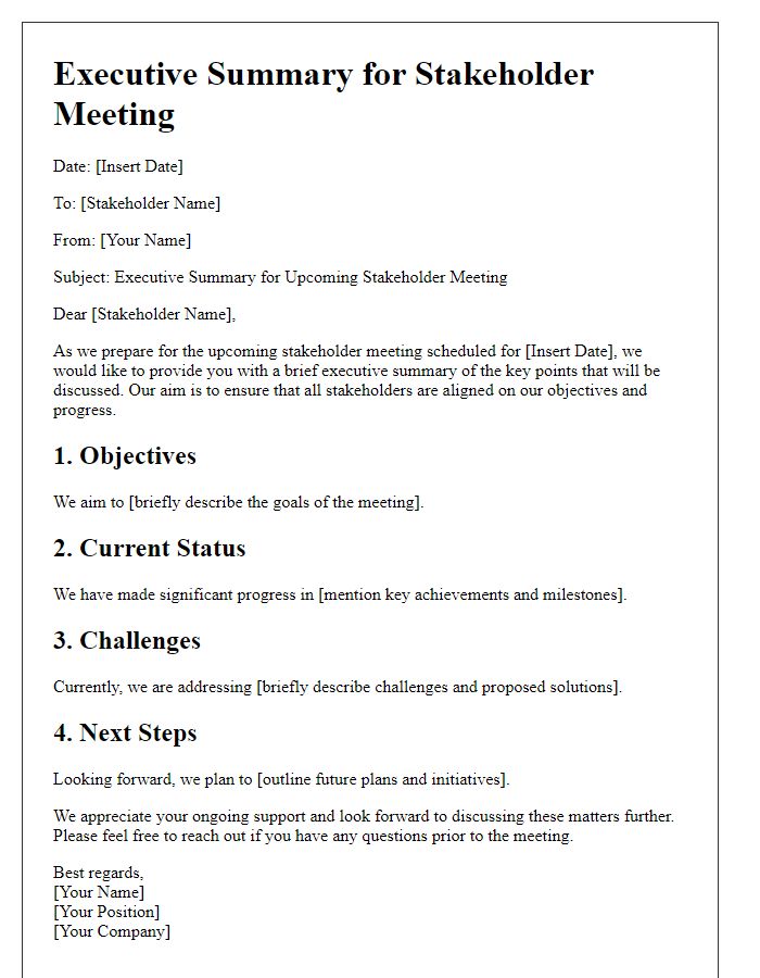 Letter template of executive summary for stakeholder meeting presentation.