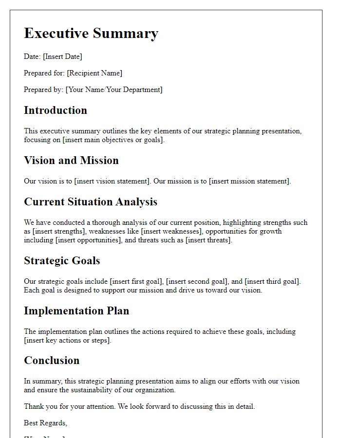 Letter template of executive summary for strategic planning presentation.