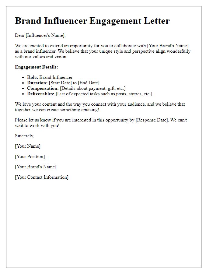 Letter template of engagement for our brand influencer opportunity