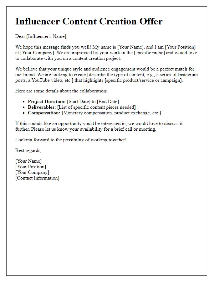 Letter template of influencer content creation offer