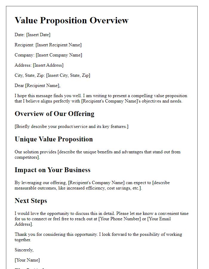 Letter template of compelling value proposition overview