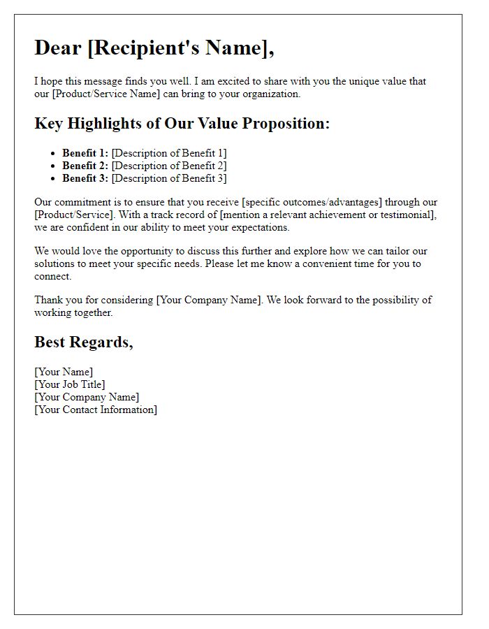 Letter template of engaging value proposition highlights