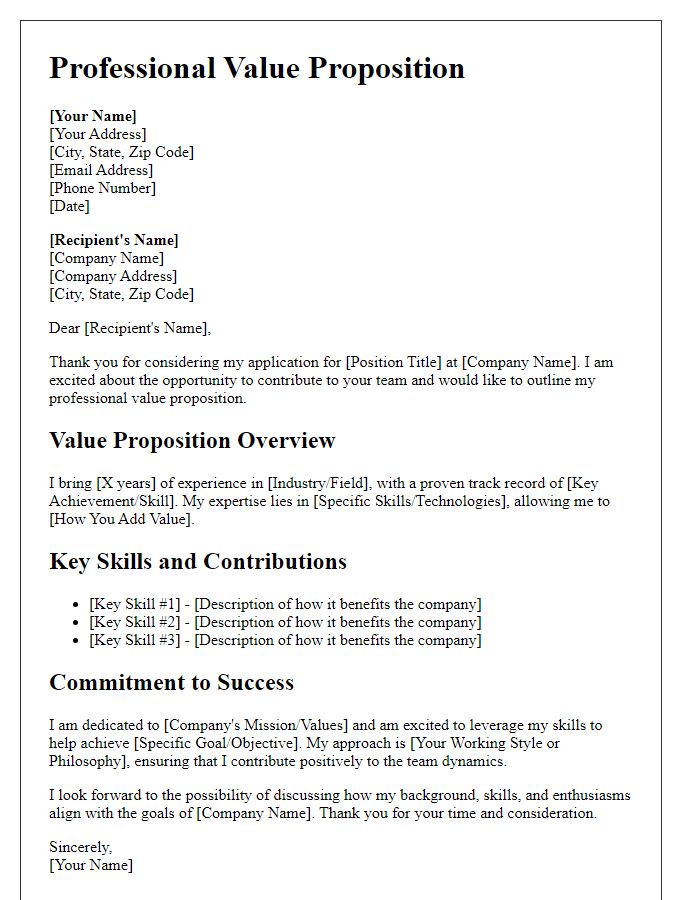 Letter template of professional value proposition outline