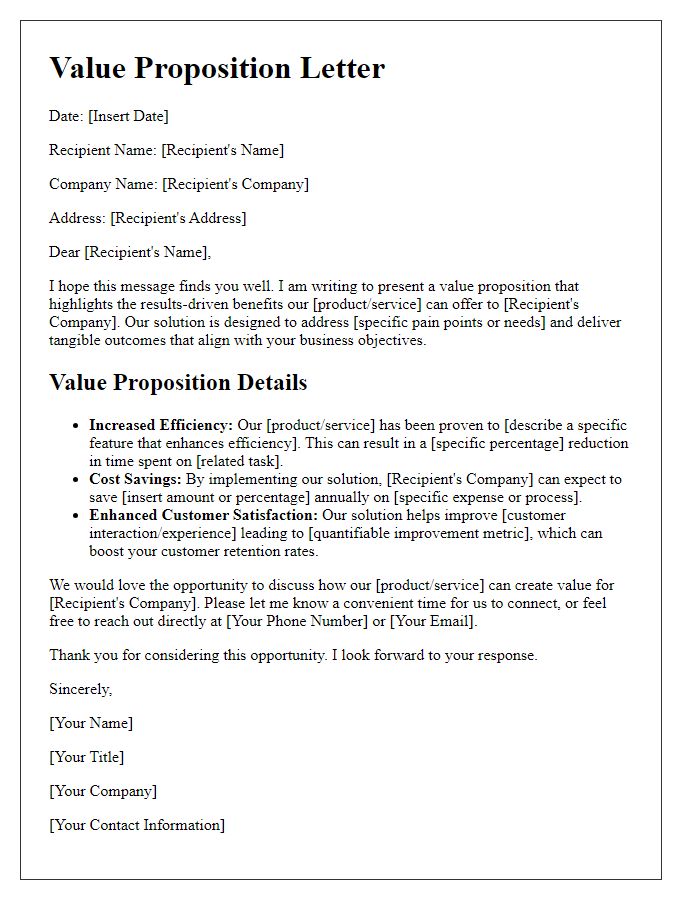 Letter template of results-driven value proposition details