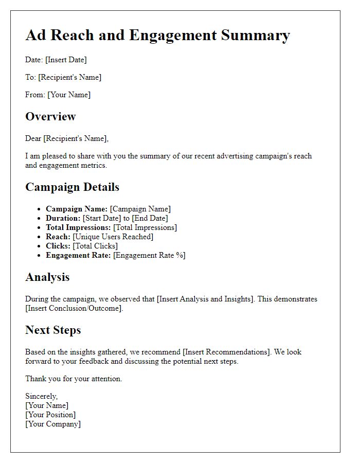 Letter template of ad reach and engagement summary