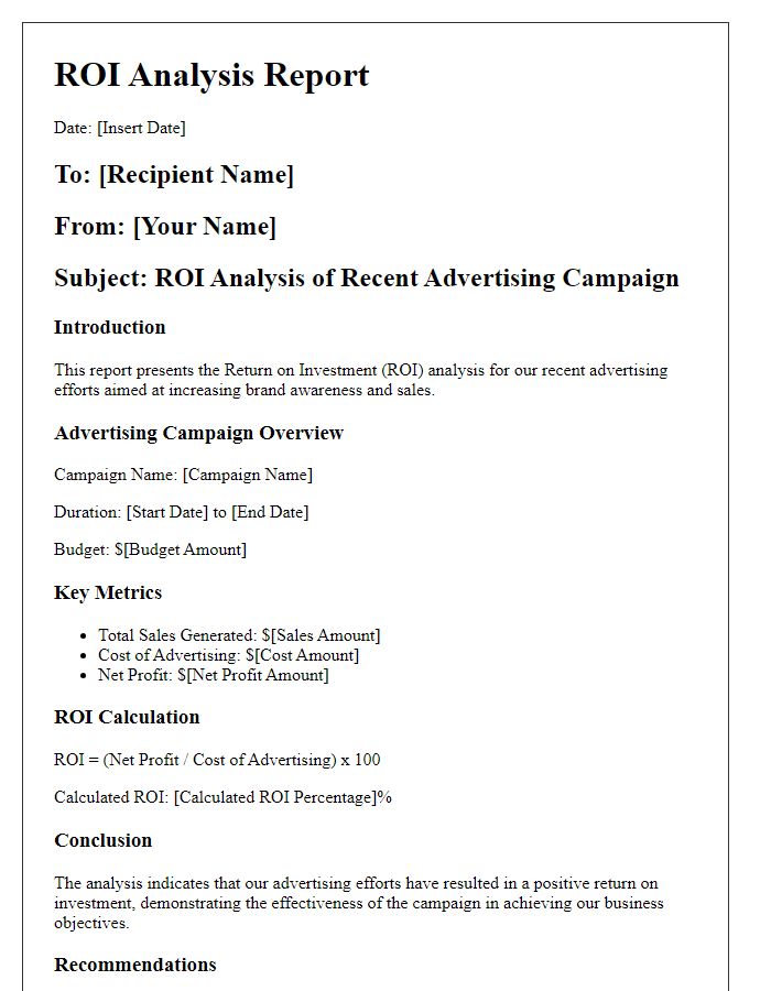 Letter template of ROI analysis for advertising efforts