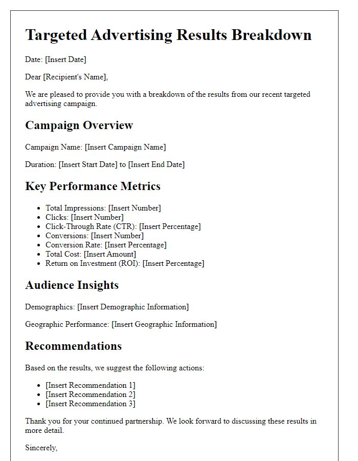 Letter template of targeted advertising results breakdown