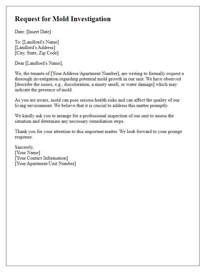 Letter template of communication for mold investigation request by tenants