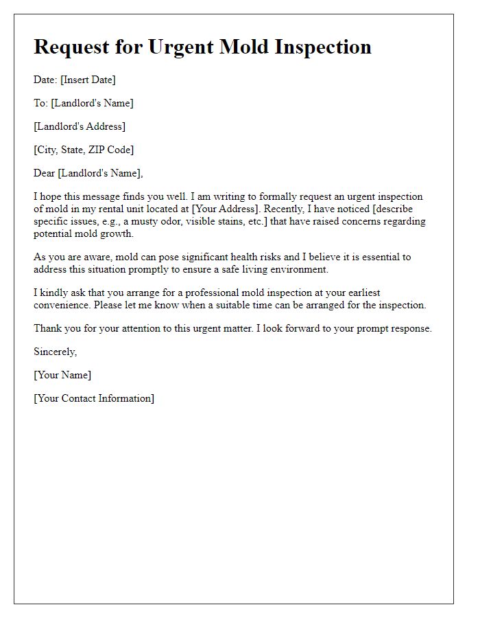 Letter template of request for urgent mold inspection by renters