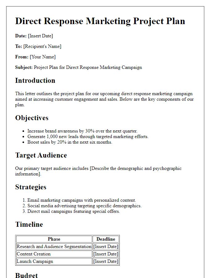 Letter template of direct response marketing project plan