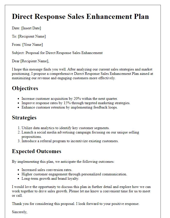 Letter template of direct response sales enhancement plan