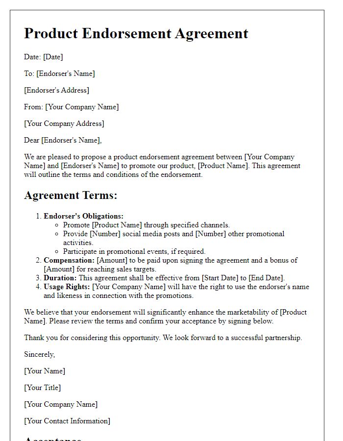 Letter template of product endorsement agreement for promotions