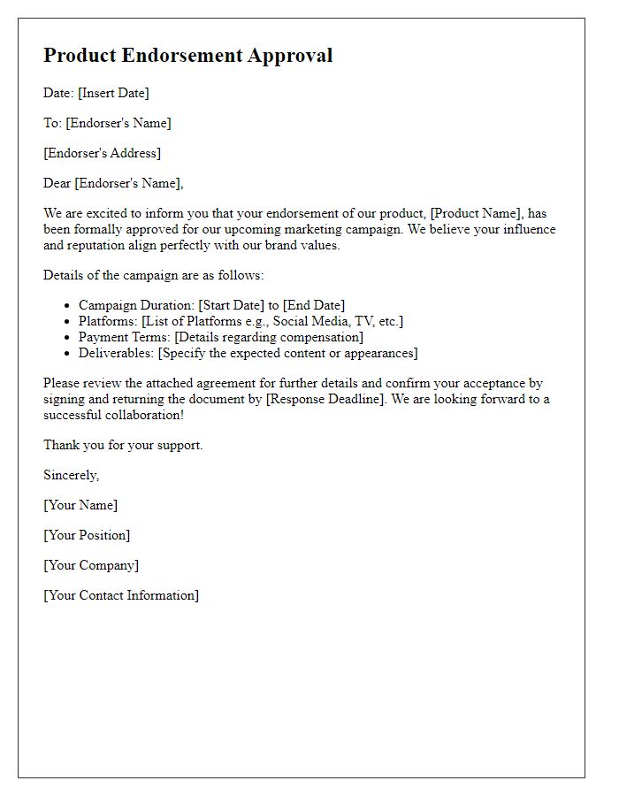 Letter template of product endorsement approval for marketing campaigns