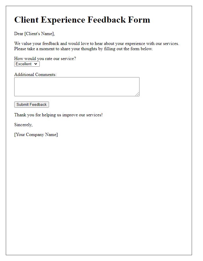 Letter template of client experience feedback form