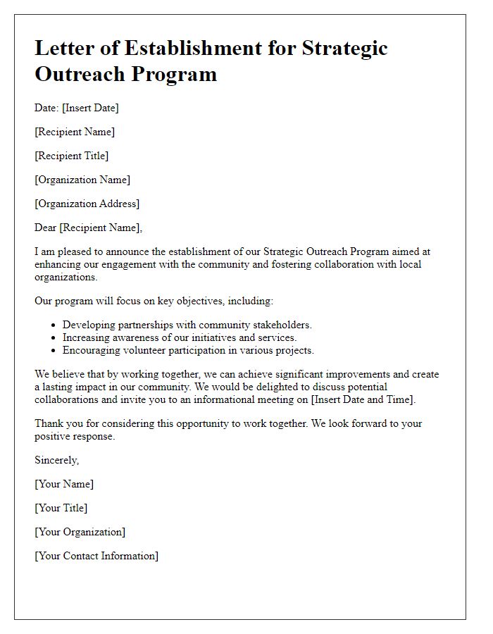 Letter template of strategic outreach program establishment