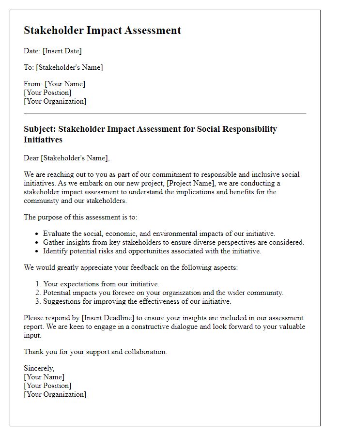 Letter template of stakeholder impact assessment for social responsibility initiatives