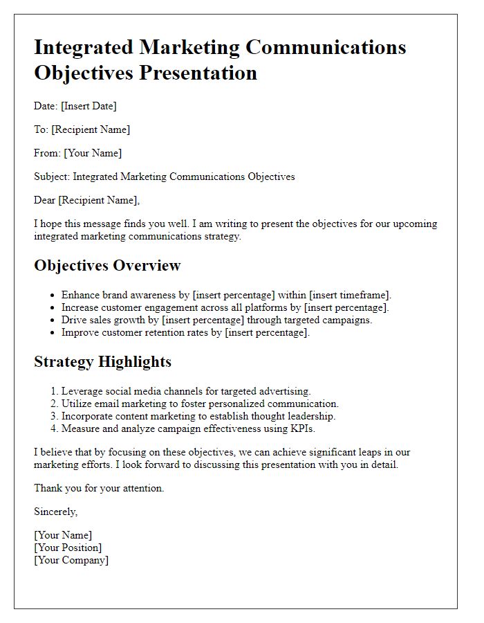 Letter template of integrated marketing communications objectives presentation