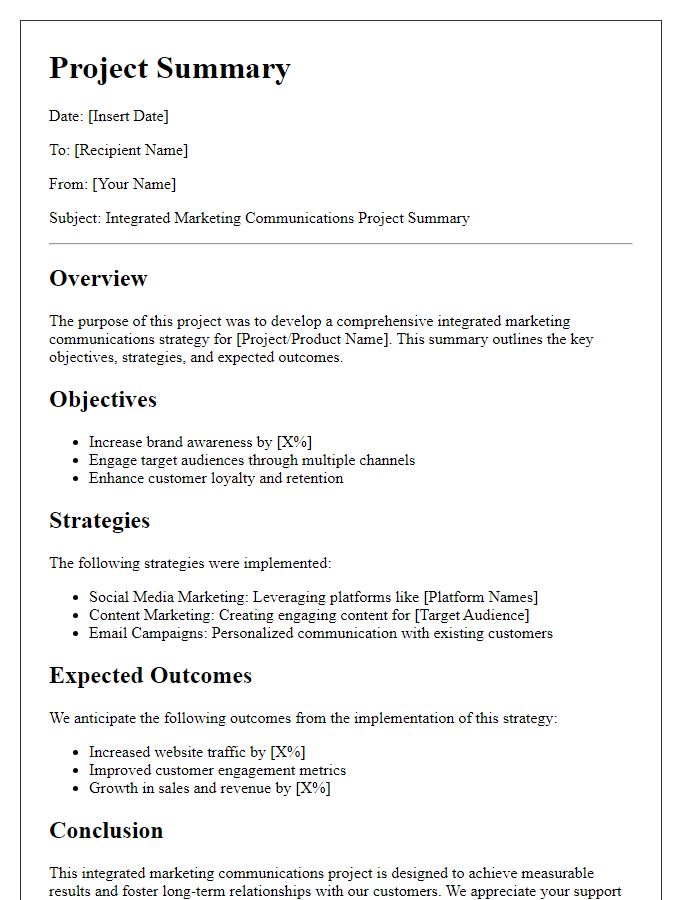 Letter template of integrated marketing communications project summary