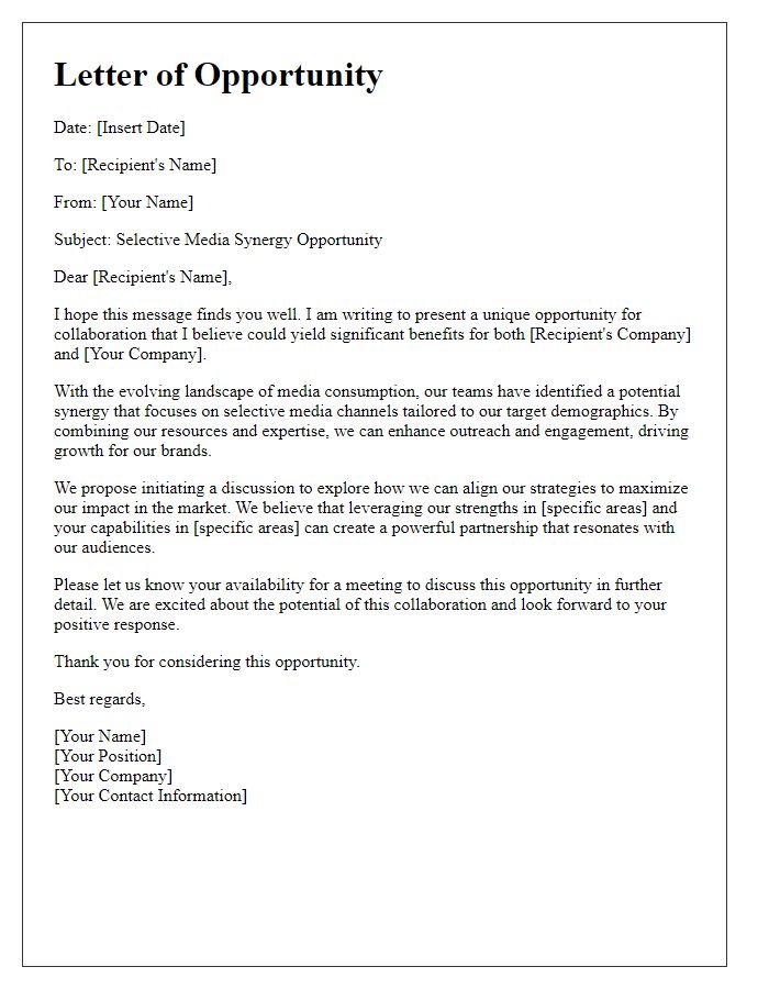 Letter template of selective media synergy opportunity