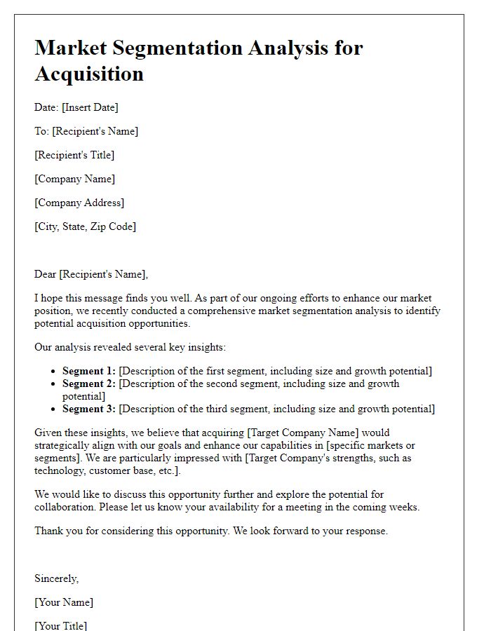 Letter template of market segmentation analysis for acquisition