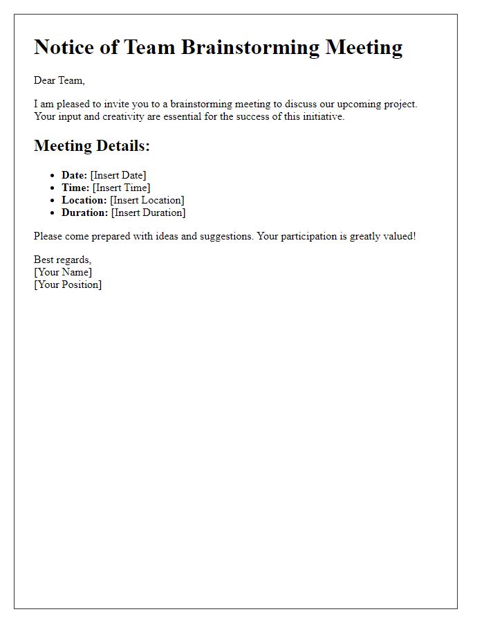 Letter template of notice for a team brainstorming meeting