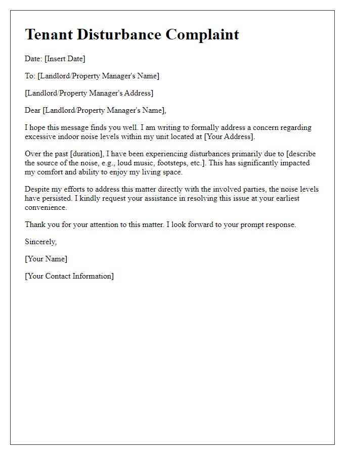 Letter template of tenant disturbance complaint concerning indoor noise levels.