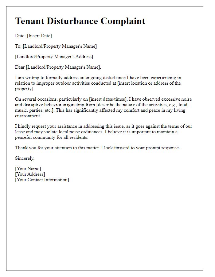 Letter template of tenant disturbance complaint for improper outdoor activities.