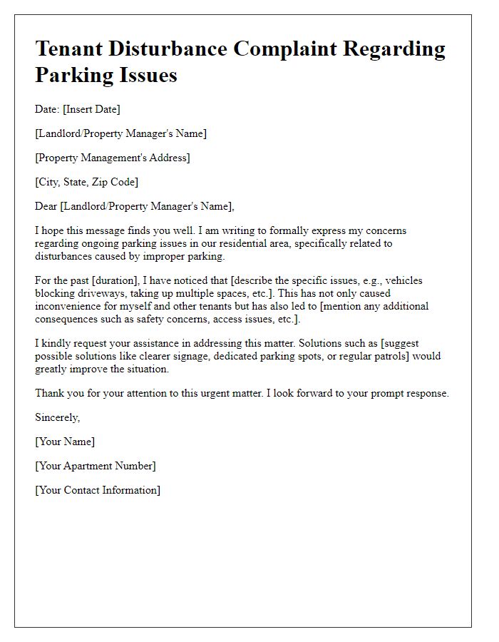 Letter template of tenant disturbance complaint on parking issues.