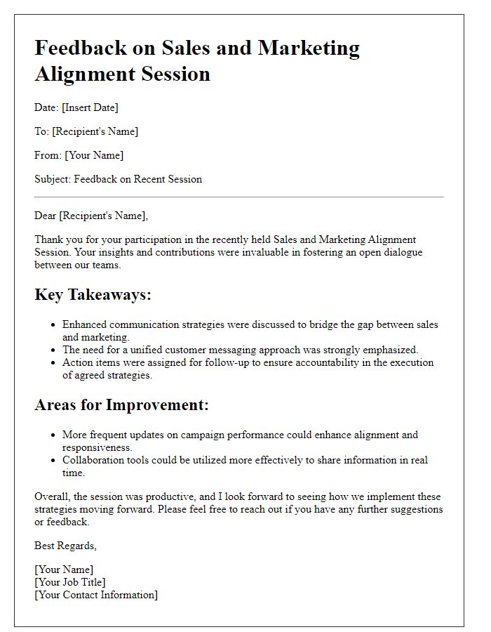 Letter template of feedback from sales and marketing alignment session