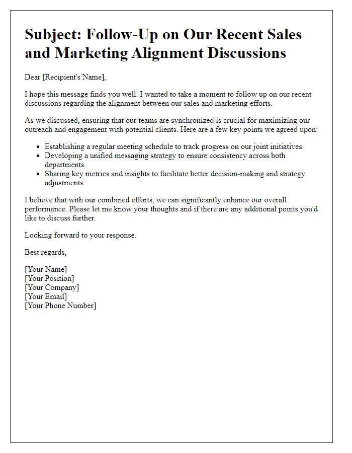 Letter template of follow-up on sales and marketing alignment discussions