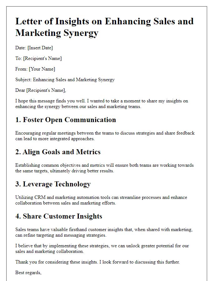 Letter template of insights on enhancing sales and marketing synergy