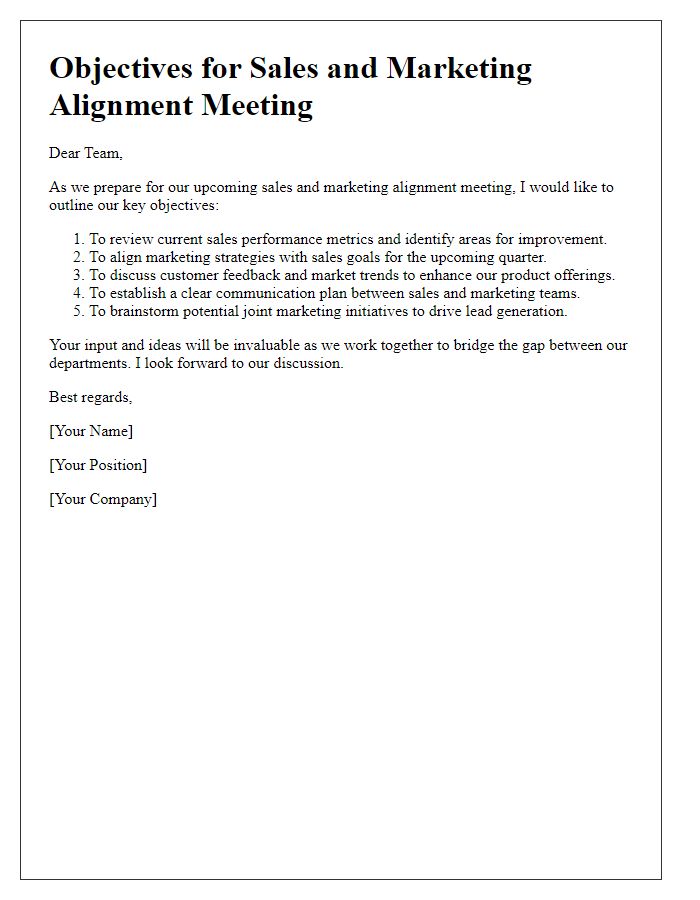 Letter template of objectives for the sales and marketing alignment meeting