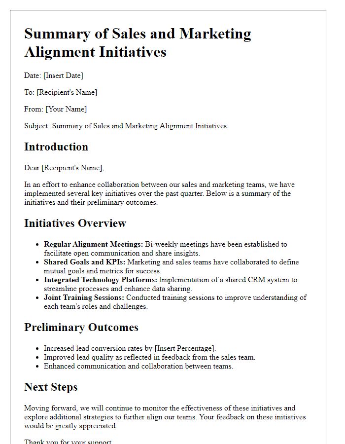 Letter template of summary of sales and marketing alignment initiatives