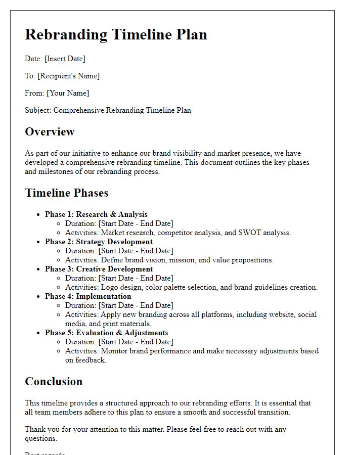 Letter template of comprehensive rebranding timeline plan.