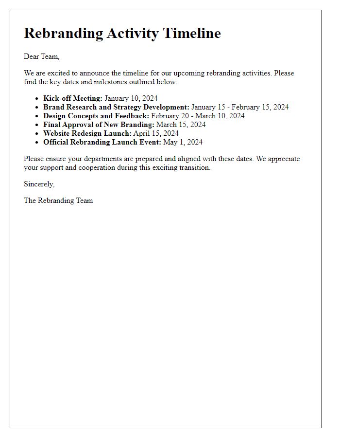 Letter template of rebranding activity timeline.