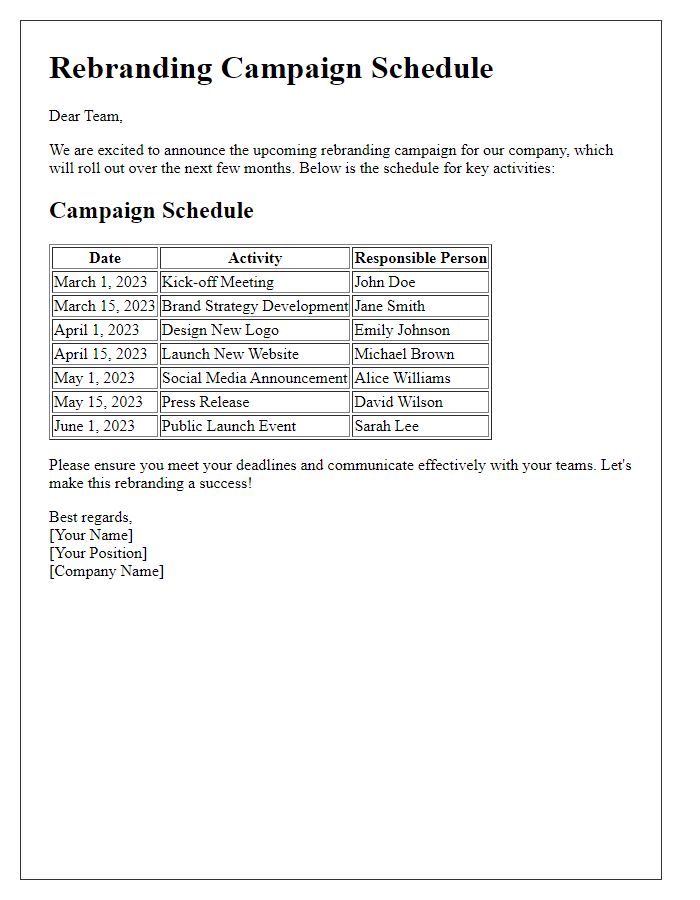 Letter template of rebranding campaign schedule.