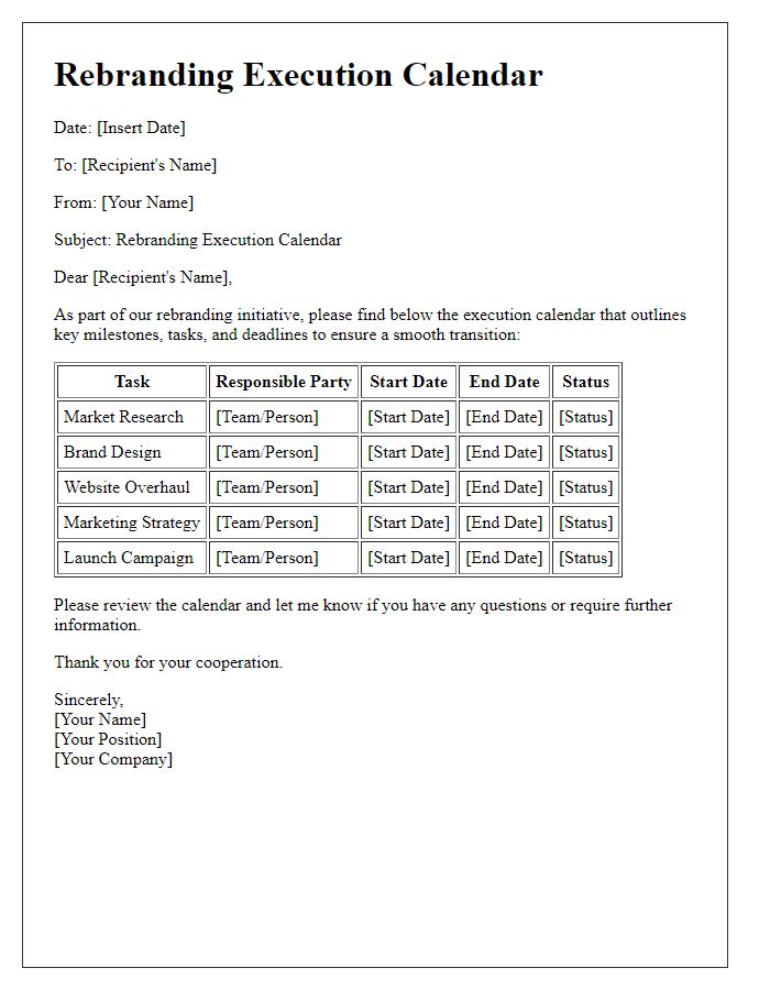 Letter template of rebranding execution calendar.