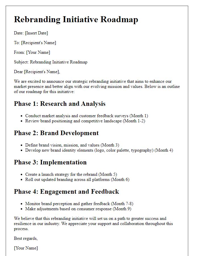 Letter template of rebranding initiative roadmap.