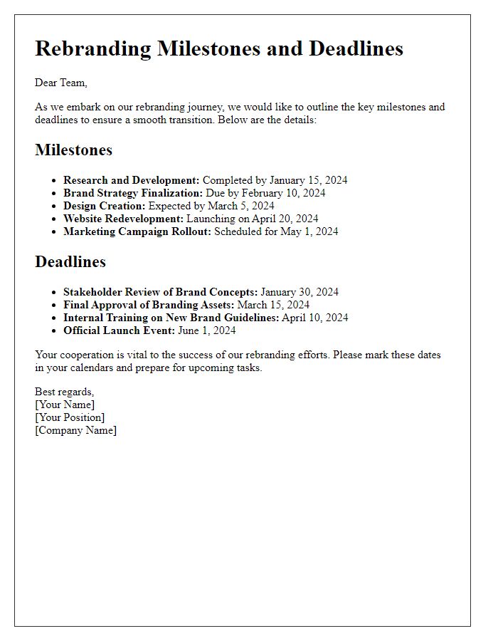 Letter template of rebranding milestones and deadlines.