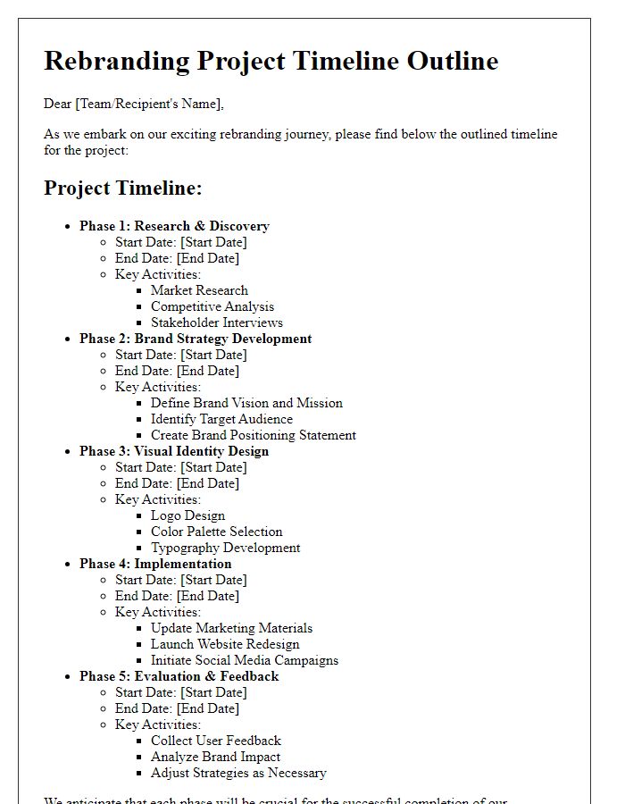 Letter template of rebranding project timeline outline.