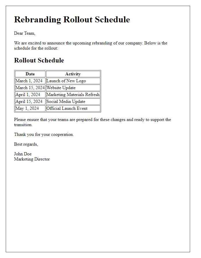 Letter template of rebranding rollout schedule.